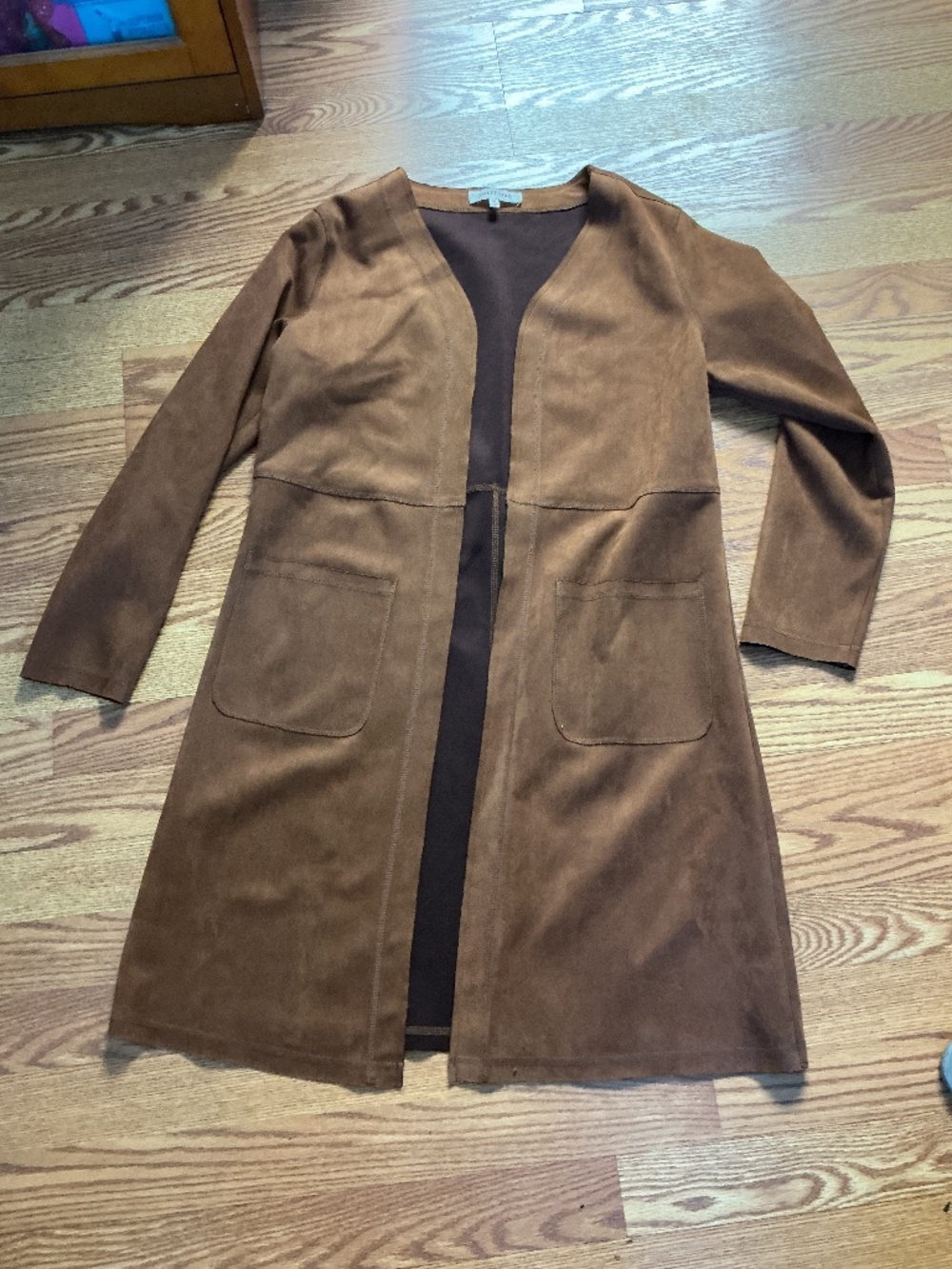 Solitaire Brown Sueded Long Sleeve Open Front Duster Size M
